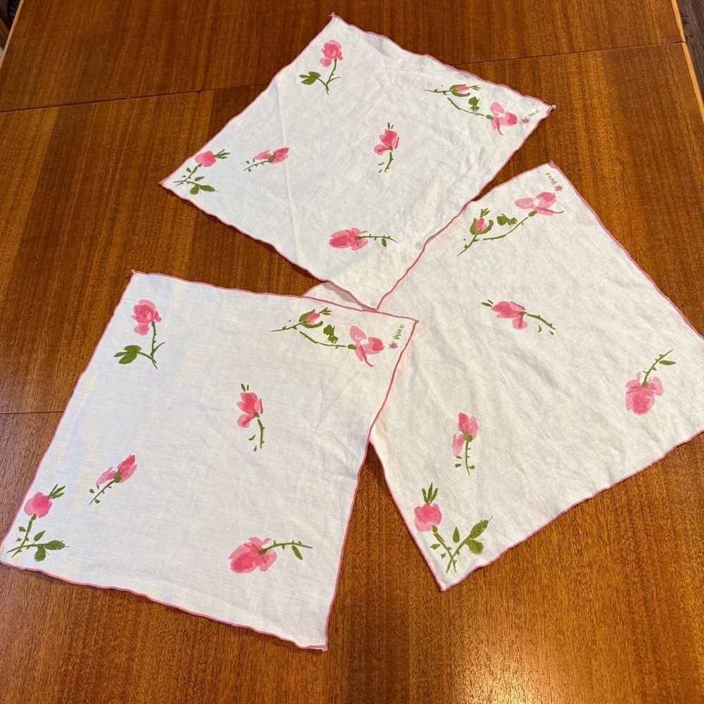Vintage Vera Neumann Dining Linen Napkins White with Pink Rose Set of 3